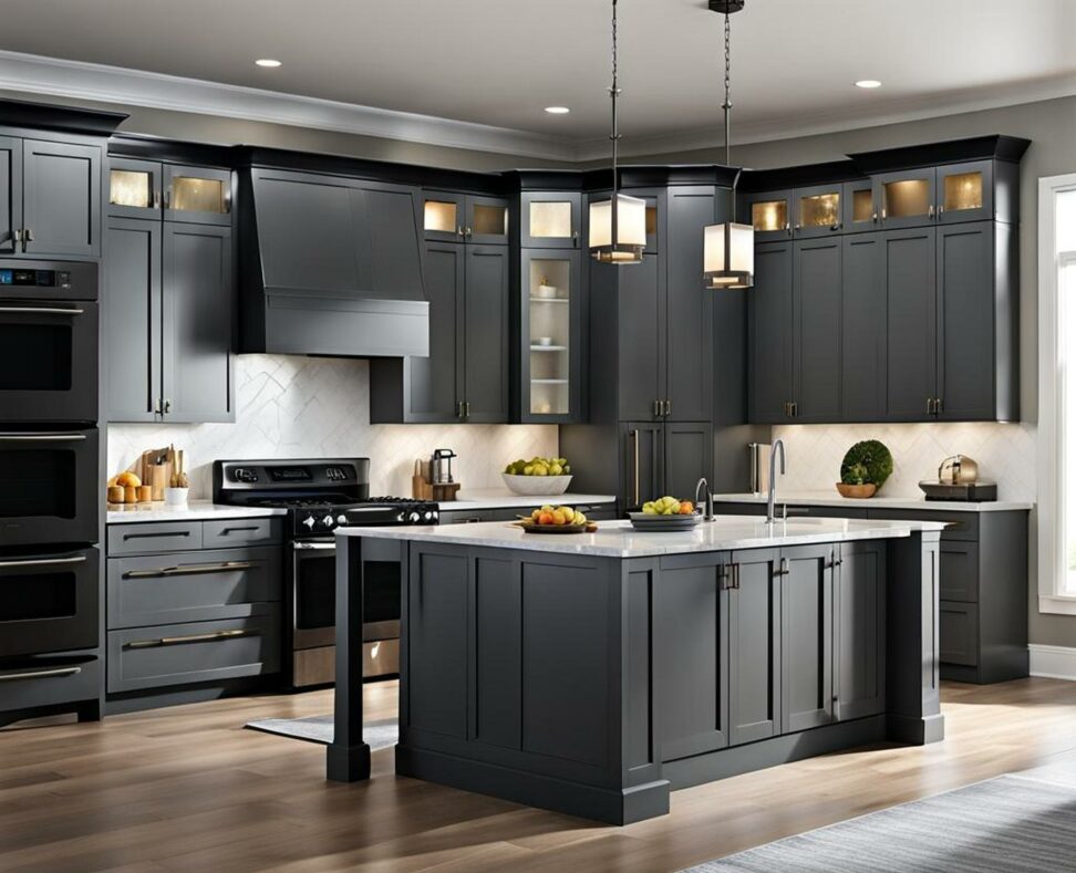black appliances grey cabinets