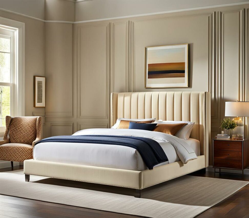 cream colored upholstered bed