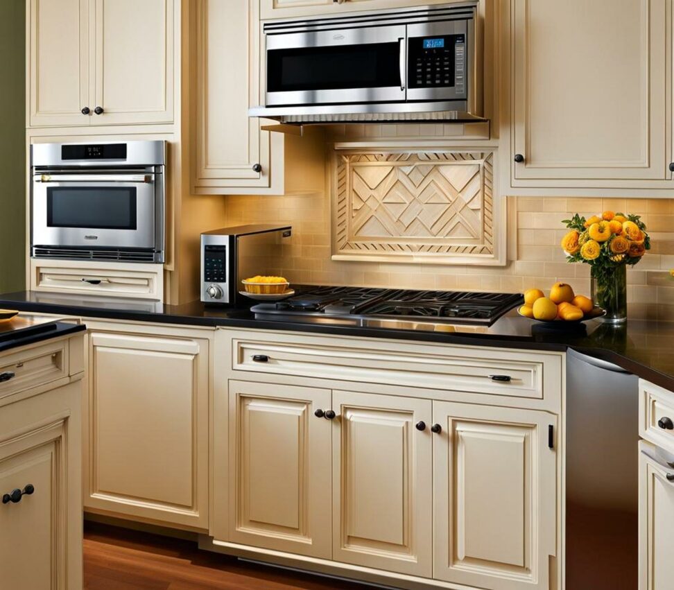 microwave on shelf above stove