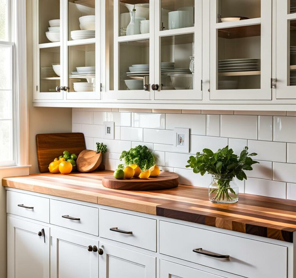white cabinets butcher block countertop