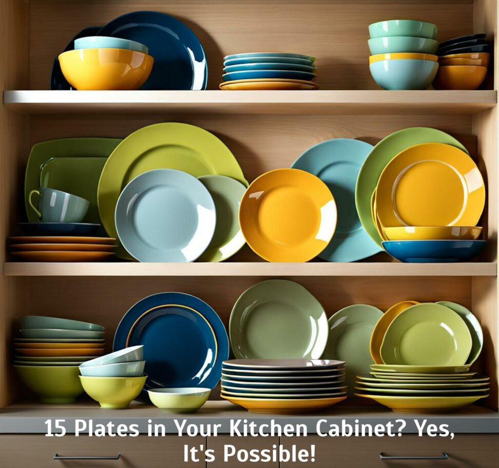 there are 15 plates in a kitchen cabinet