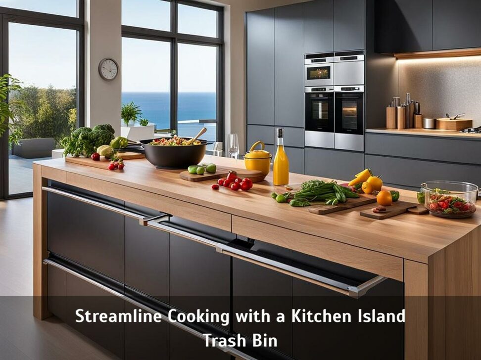 kitchen island with trash bin